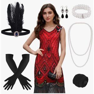 1920s Flapper Dress XL Red Black Sequin Fringe Gatsby Costume w/ Accessories